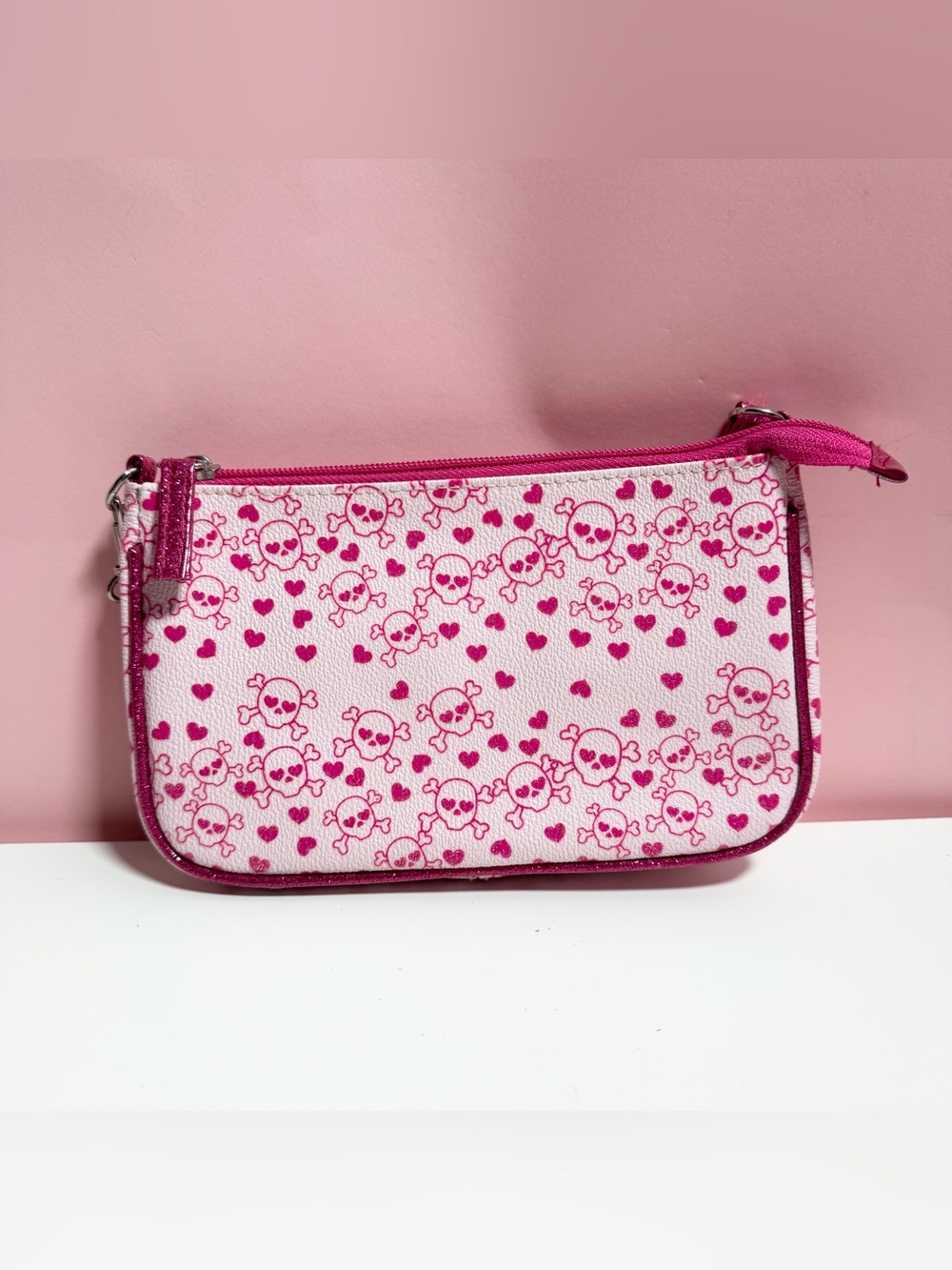 Vintage Y2K mcbling punk goth pink glitter heart and skull mini purse